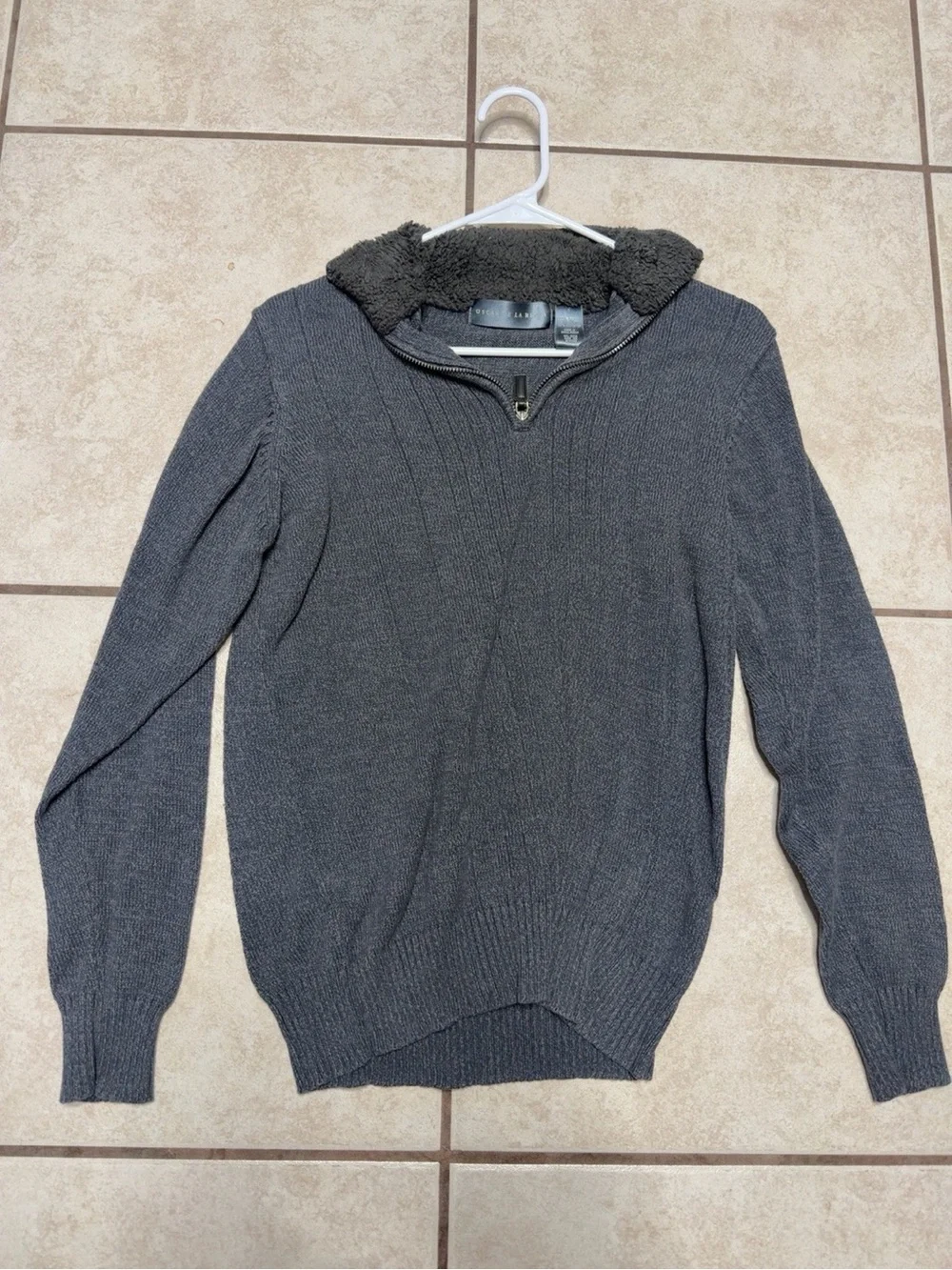 Oscar de la Renta Gray Quarter Zip Knit Sweater Sherpa Collar Men’s S